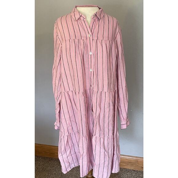 J. Jill Love Linen Shirt Dress MED Pink Stripe Button Front Tiered Ruffle Boho - Picture 1 of 12